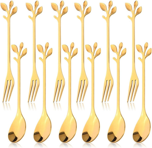 12pcs Stainless Steel Gold Leaf Coffee Spoon and Cake Forks, Kitchen Accessory for Wedding Party, Dessert, Salad,