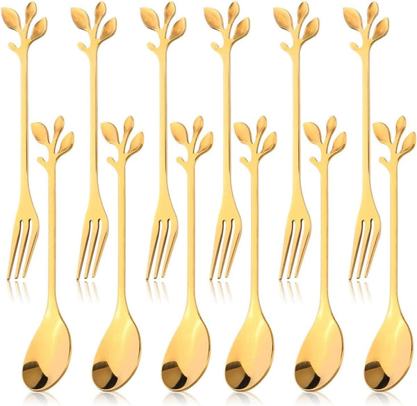 12pcs Stainless Steel Gold Leaf Coffee Spoon and Cake Forks, Kitchen Accessory for Wedding Party, Dessert, Salad,