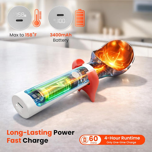 Lerifer 3400mAh 158F Frozen Heated Ice Cream Scoop, Electric Ice Cream Scooper Rechargeable - Battery, LED Display