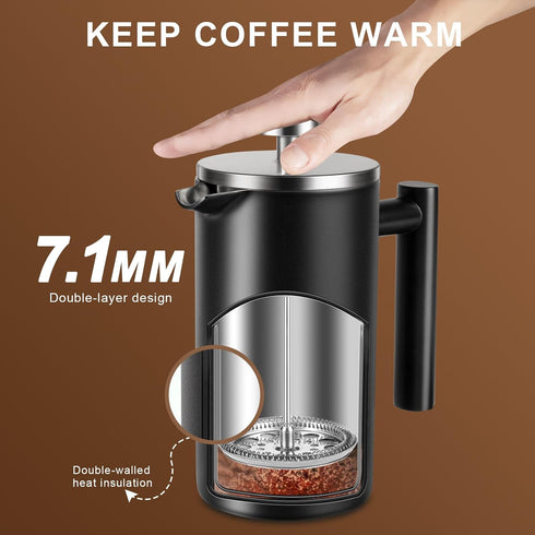 SZHETEFU 34 OZ 4-8 Large French Press, Premium Stainless Steel Sturdy Insulated French Press Coffee Maker, Cups French
