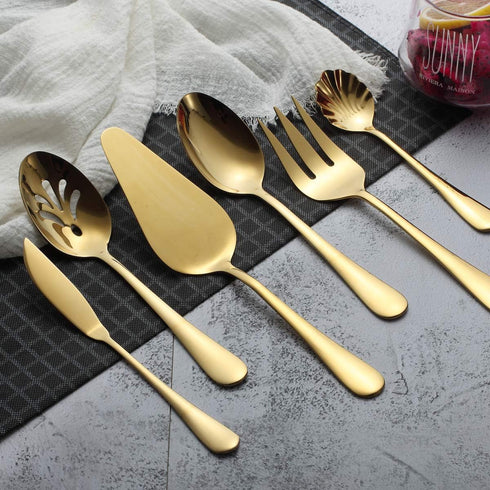 Berglander Stainless Steel Titanium Plated Flatware Serving Set, 6 Pieces, 45 Pieces Flatware with 1 Cake Server