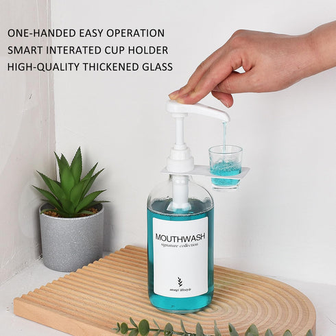 onsogi 16 Oz 1 Pack Glass Mouthwash Dispenser with Cup Holder and Pump, Rustic Boho Mouthwash Dispenser for Bathroom