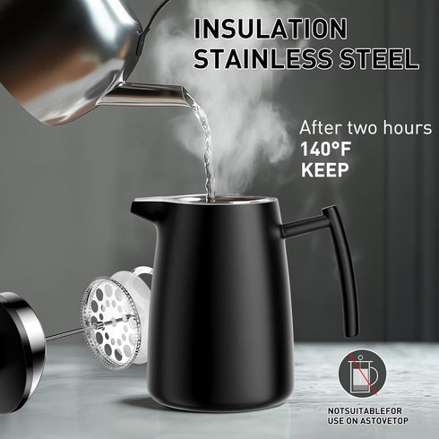 50oz 304 Secura French Press Coffee Maker Stainless Steel, Insulated Coffee Press with Extra Filter, Black