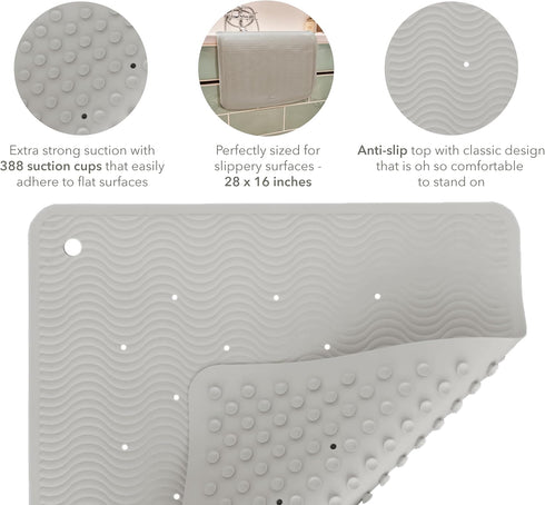 28 16 388 HEVEA Natural Rubber Wave Bath Mat Long in - Non-Slip Shower & Bathtub Mat with Suction Cups, Plastic-Free