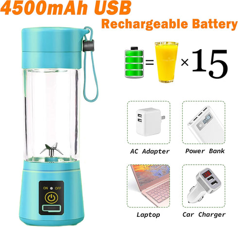 Portable Blender for Kitchen, Travel and Sport, USB Rechargeable, 6 Stainless Steel Blades, Mini Blender