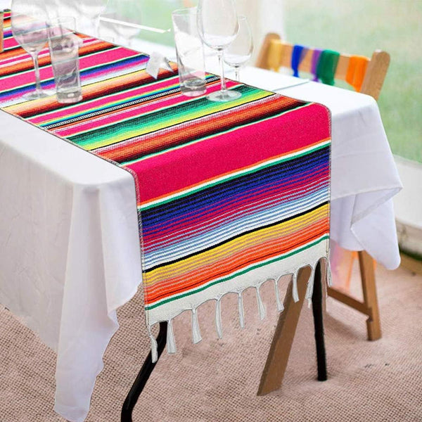 Mexican Table Runner, 14 x 84 Inch Serape for Party Wedding Decorations, Fringe Cotton