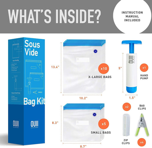 Sous Vide Bags for Joule and Anova Cookers, 15 Reusable BPA-Free Bags with Vacuum Hand Pump - Fits Any Sous Vide Machine