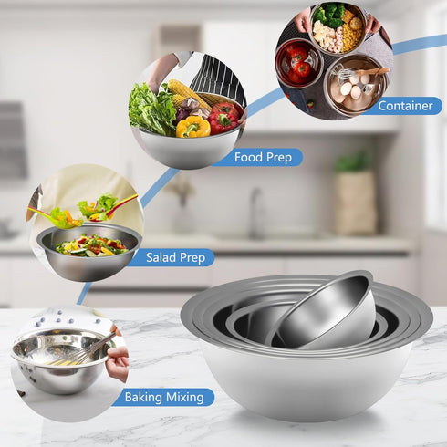 Mixing Bowl Set of 5, Stainless Steel Nesting Whisking Bowls for Cooking, Baking, and Food Prep