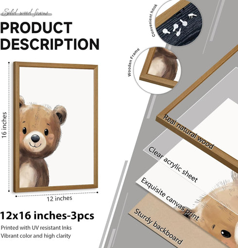Lwoztra 12x16x3 Inch Bear Nursery Wall Art Decor Kids Canvas Poster Baby Boy Nursery Wall Decor Woodland Animal