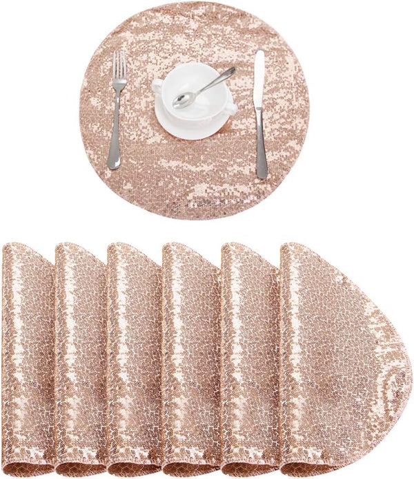 Sequin Placemats Set of 6, Heat-Resistant Stain-Resistant Kitchen Table Mats, Elegant Rose Gold 15" Round for Party
