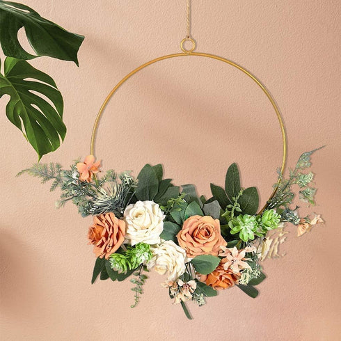 Floral Hoop Wreath, Iron Artificial Rose Flower Wreath for Front Door, Wedding Party Nursery Decor - Orange