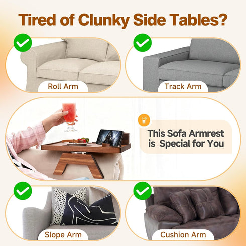 VANGONA 360Rotating Couch Armrest Table, Foldable Side Tray Table for Couch, Cup & Phone Holder Tray, Anti-Slip Snack