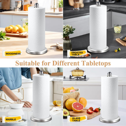DAWNER Paper Towel Holder Countertop with Weighted Suction Cup Base, Stainless Steel Freestanding Holder for Kitchen