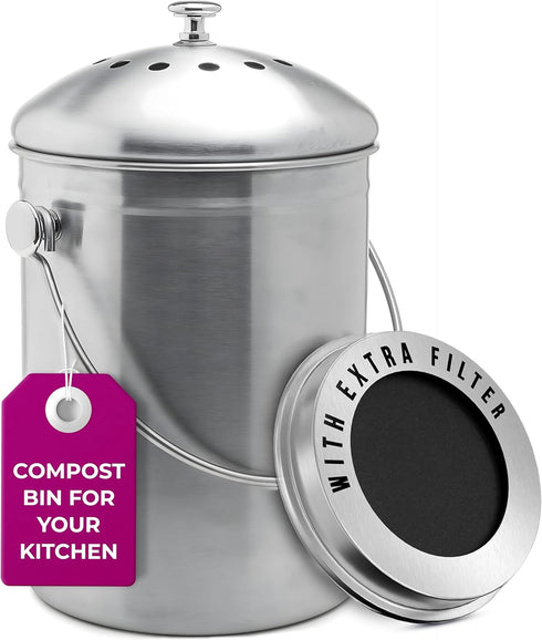 EPICA Countertop Compost Bin Kitchen, 1.3 Gallon, Odorless Composting Bin with Carbon Filters, Stainless Steel Kitchen