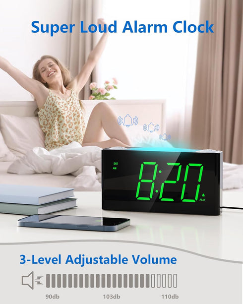 Digital Alarm Clock for Bedroom, 7 Color Night Light, USB Charger, Large Number Screen & Dimmer