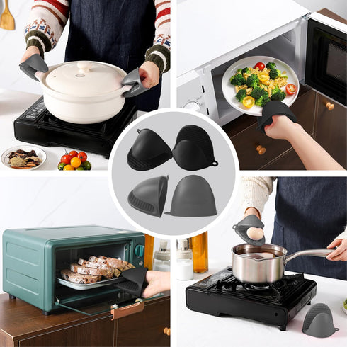 4PCS Oven Mitts, Silicone Pot Holders Heat Resistant, Mini Oven Gloves for Kitchen, Thickened Silicone Hot Pads for Cooking & Baking(2Black2Grey) by ButterMelt