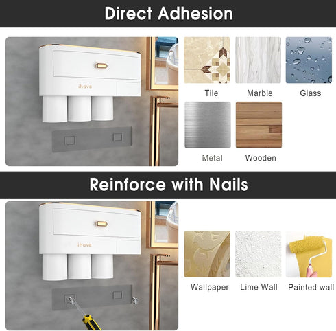 iHave 3 Cups Toothbrush Holders for Bathrooms, Wall Mounted Organizer with Large Capacity Drawer and Tray