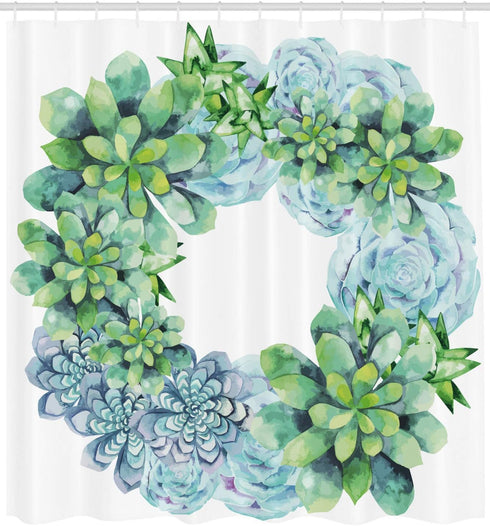 Ambesonne Succulent Shower Curtain, Watercolor Succulent Wreath Circular Design, Bridal Wedding Theme, Cloth Fabric