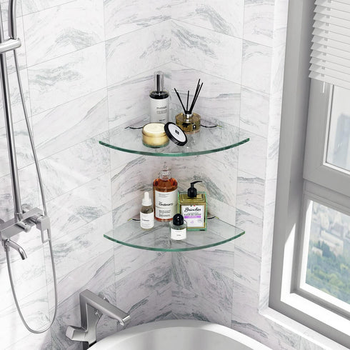 VeeCano 2 9.4" Tier Glass Corner Shelf Clear Shower Shelf Adhesive Shower Caddy Corner Organizer Thick Tempered Glass