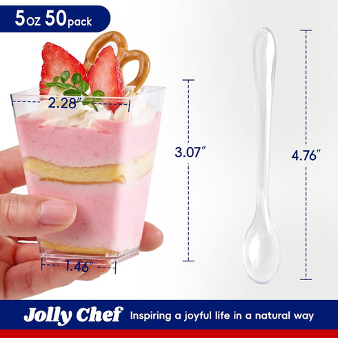 50 Pack 5 oz JOLLY CHEF Plastic Dessert Cups with Lids and Spoons, Yogurt Parfait Appetizer Cup for Party, Clear Mini