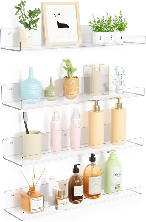 Upsimples 4 Pack Acrylic Shelves for Wall Storage - 15" Floating Bookshelves for Kids, Clear Display Shelf Organizer