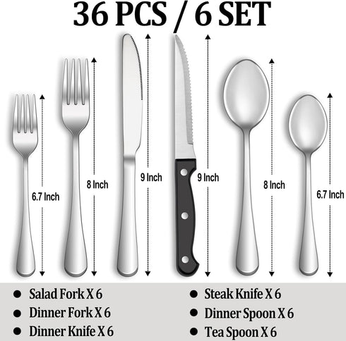 36 Pcs Silverware Set with Steak Knives Service for 6,Stainless Steel Flatware Set,Mirror Polished Cutlery Utensil Set,Home Kitchen Eating Tableware Set,Include Fork Knife Spoon Set,Dishwasher Safe by MUTNITT