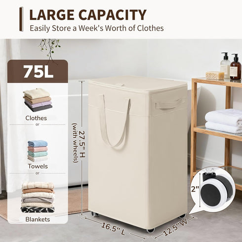 75L 16.5" 12.5" 27.5" Goodpick White Laundry Basket with Wheels, Rolling Laundry Hamper for Bedroom Bathroom, Foldable