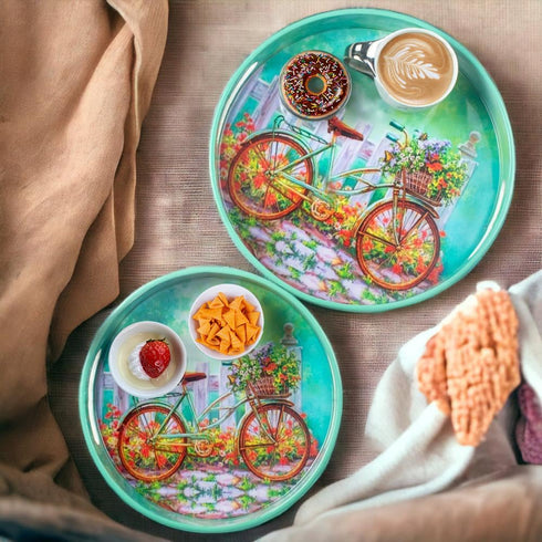 Set 2 Counter Crocon Round Wooden Ottoman Trays with Handles of Cycle Printed Farmhouse Decorative Serving Trays