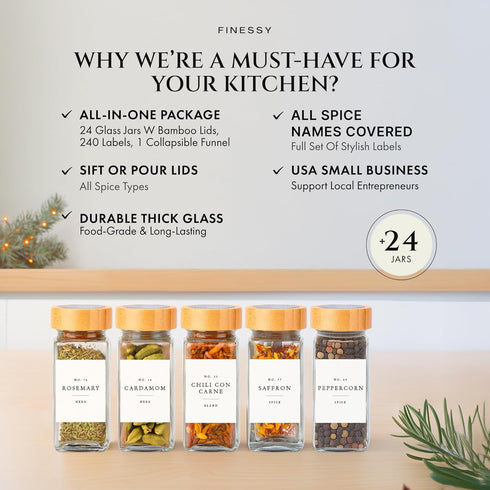 4oz 24 Pack Set, FINESSY Bamboo Glass Spice Jars with Labels and Shaker Lids Clear Empty Bottles Glass Spice Containers