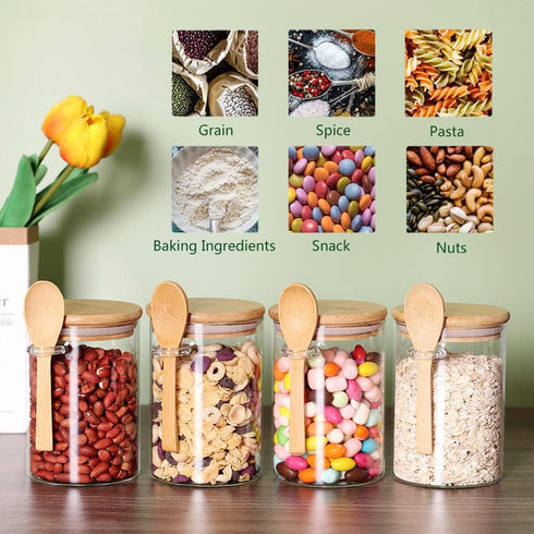 CZFWin 4 Pack 4PCS) Glass Containers with Lids and Spoons, Overnight Oat Container with Lids Glass, Oatmeal Jar