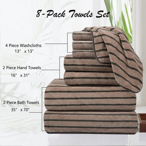 8 Set-2 Towels,2 Towels,4 600GMS Pcs Polyester Brown Cabana Stripe Large Bath Towel Bathroom Hand Washcloths