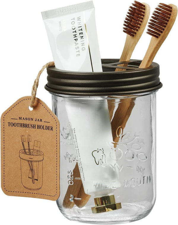Amolliar Mason Jar Toothbrush Holder, Rustproof Stainless Steel for Bathroom Countertop Organizer (Bronze)