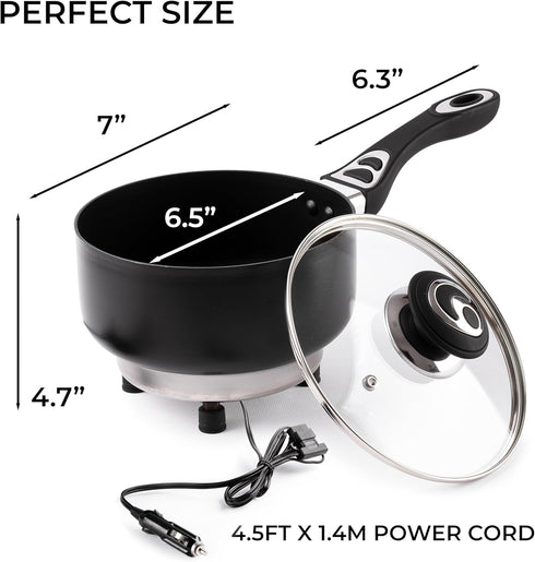 ZONETECH 12V Portable Non-Stick SaucePan with Glass Lid, 2 Quart, Stay-Cool Handles, Rapid Heat Up, Perfect for Camping