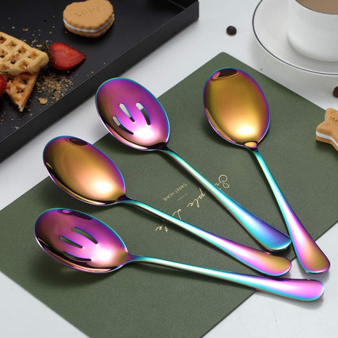 Kyraton Rainbow Serving Set, 4 Piece Titanium Plated Utensils, Includes 2 Spoons and 2 Slotted Spoons