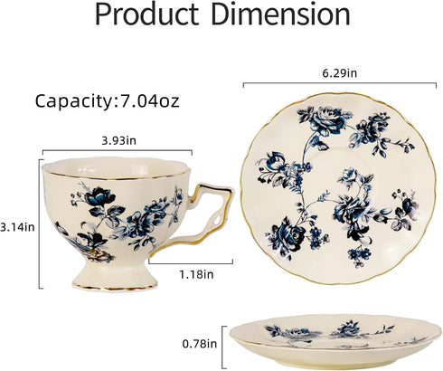 KAMMAK Set 2, 6.8-Ounce Tea Cups and Saucers of Porcelain Coffee Cups, Stackable Espresso Mugs, Ceramic Demitasse