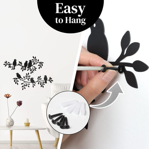 LOMOHOO Metal Birds Wall Decor Art - 6 Birds on Vine Olive Branch Iron Sculptures for Indoor Outdoor Decoration