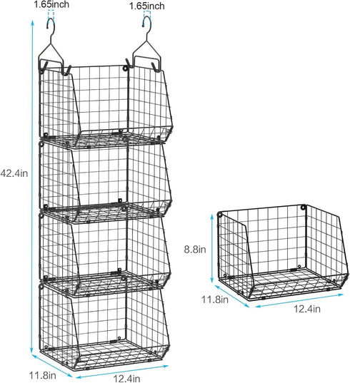 X-cosrack 4 Tier Closet Hanging Organizer, Clothes Shelves with 5 S Hooks, Wire Storage Bins for Clothing Accessories