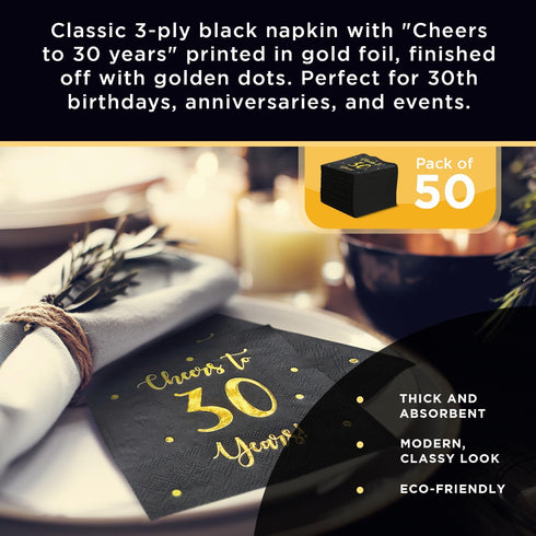 Cheers to 30 Years Cocktail Napkins | Happy 30th Birthday Decorations for Men and Women, 50-Pack 3-Ply Napkins | 5 x 5