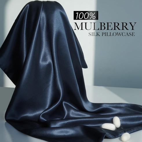 100% Mulberry Silk Pillowcase for Hair and Skin, 22 Momme Natural Silk Pillow Cover with Zipper (Navy Blue, Standard