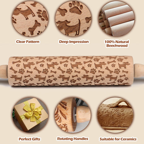 Embossed Rolling Pin for Baking, Cookie Embossing Rolling Pins with Dog Pattern Animal Wooden Engraved Dough Roller Pie Clay Pottery Ceramic Stamp Kitchen Decor Birthday Baking Gifts Bakers Women Kids by Big Role