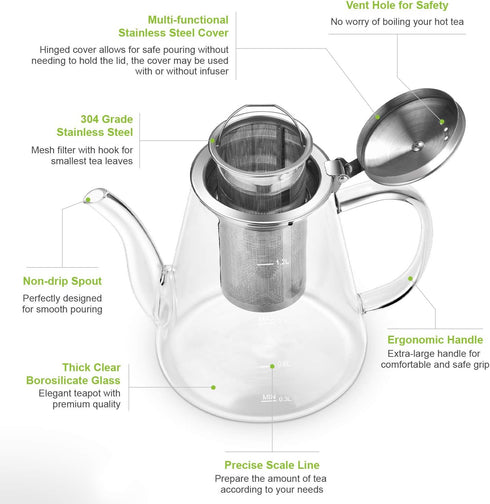 Glass Teapot, Zpose 1200ml (40oz) Teapot with Removable Infuser for Loose Tea and Blooming Tea, Stovetop Safe Tea Kettle, Borosilicate Glass Tea Pot with Scale Line, Gift Box for Tea Maker by zpose