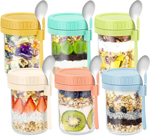 DRKIO 6 Pack Overnight Oats Containers with Lids and Spoons 16 Oz