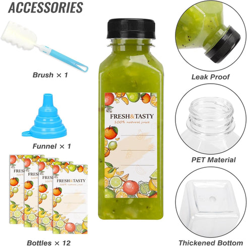 12pcs 12oz TOMNK Juice Bottles, Reusable Plastic Juice Containers Bottles with Caps and Labels, Funnel, Brush Beverage