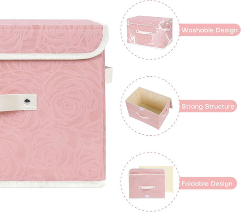 ANMINY Fabric Storage Bin with Lid Rose Print Storage Box Basket with PU Leather Handles Washable PP Plastic Board Decorative Foldable Lidded Shelf Cubes Closet Organizer Container - Pink, Large Size by ANMINY