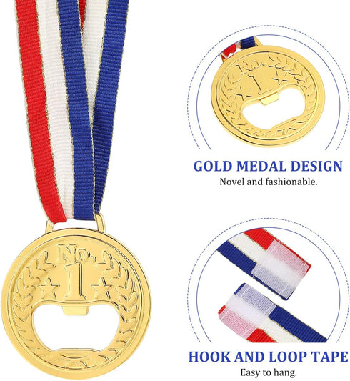 2PCS Medal Shaped Bottle Opener, Gold Medal Beer Opener with Neck Ribbon for Bar Bartender