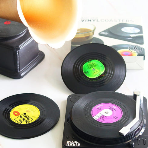 Funny Retro Vinyl Record Coasters for Drinks, Set of 6 with Vinyl Record Player Holder for Music Lovers, Gift Ideas