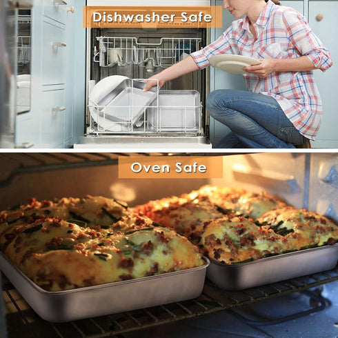 E-far Small Baking Pan with Lid, 9.4” x 7” x 2” Stainless Steel Bakeware for Cakes, Brownies, Casseroles - Set of 2