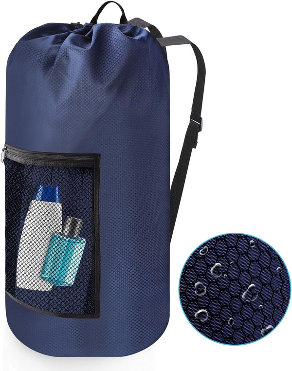 Laundry Bag Backpack, Portable with Adjustable Straps, Travel Dirty Laundry Bag for College (Dark Blue)