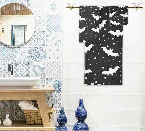 Naanle Set 3 1 Towel+1 Towel+1 Black White Bats Halloween Soft of Towels, Bath Hand Washcloth, Decorative for Bathroom