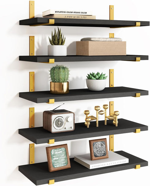 Fixwal Floating Black Gold Shelves Set of 5, Width 4.7 Inches, Rustic